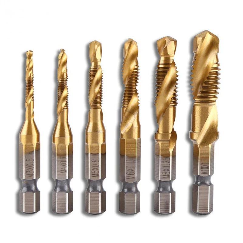 6PCS M3-M10 Screw Tap Drill Bits HSS 4341 Taps Woodworking Metric Bit High Speed Steel Titanium 1/4