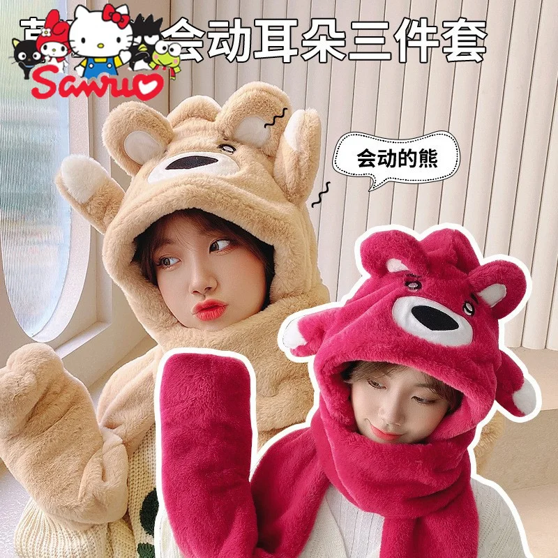 

Sanrio Kuromi Melody Cinnamoroll Winter Strawberry Bear Hat Scarf Gloves Three-piece Set Warmth Cold Protection Plush Knit Hat
