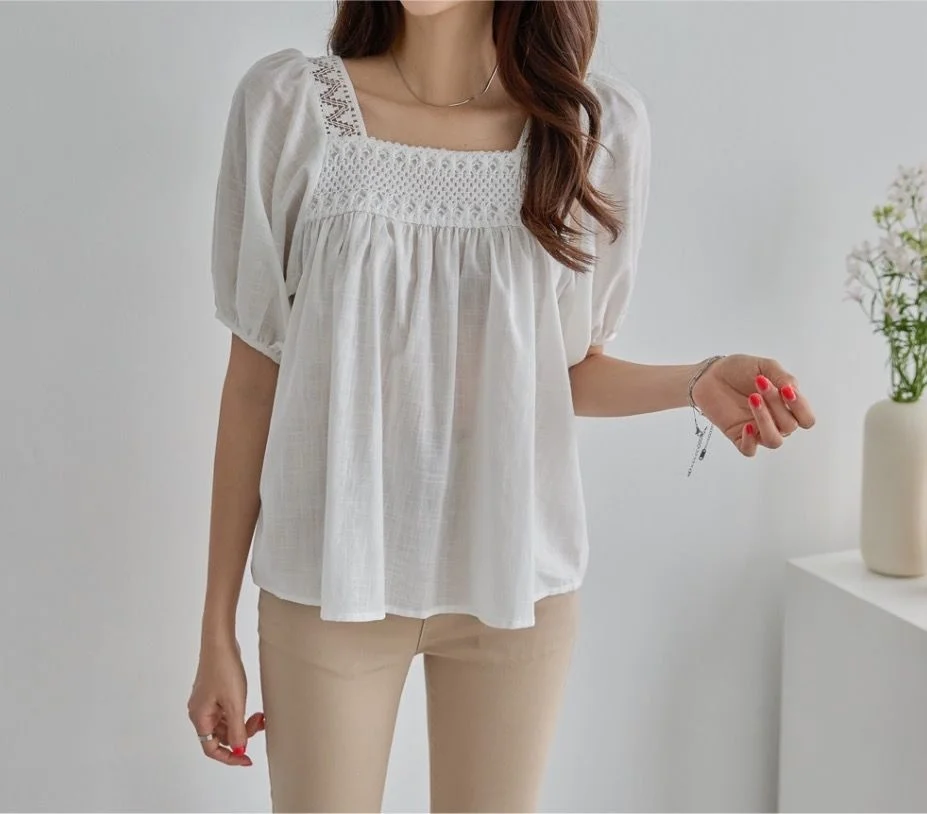 

Korean Chic Summer Sunscreen Thin Square Neck Bubble Sleeve Fairy Lace Splicing Design Aging Shirt Women Summer