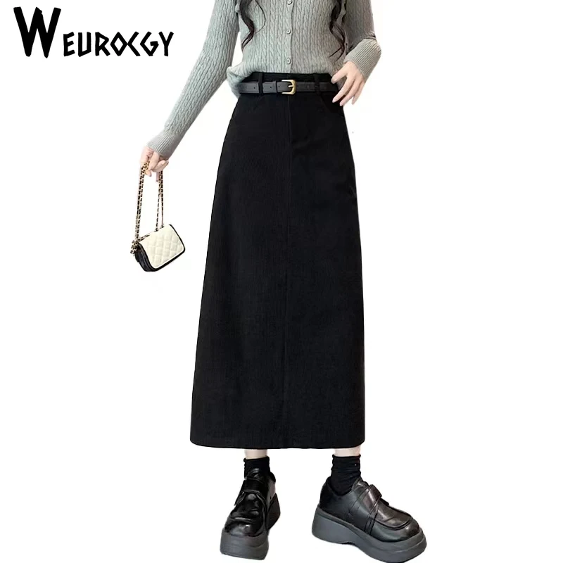 Осень-зима 2024 новый стиль вельветовые юбки для женщин модные однотонные теплые