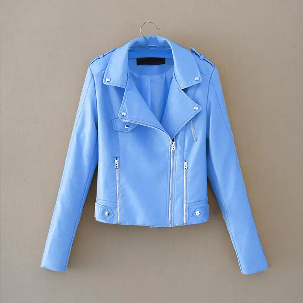 

Lapel Long Sleeves Zipper Pocket Women Jacket Fall Winter Solid Color Faux Leather Motorcycle Jacket Coat Streetwear