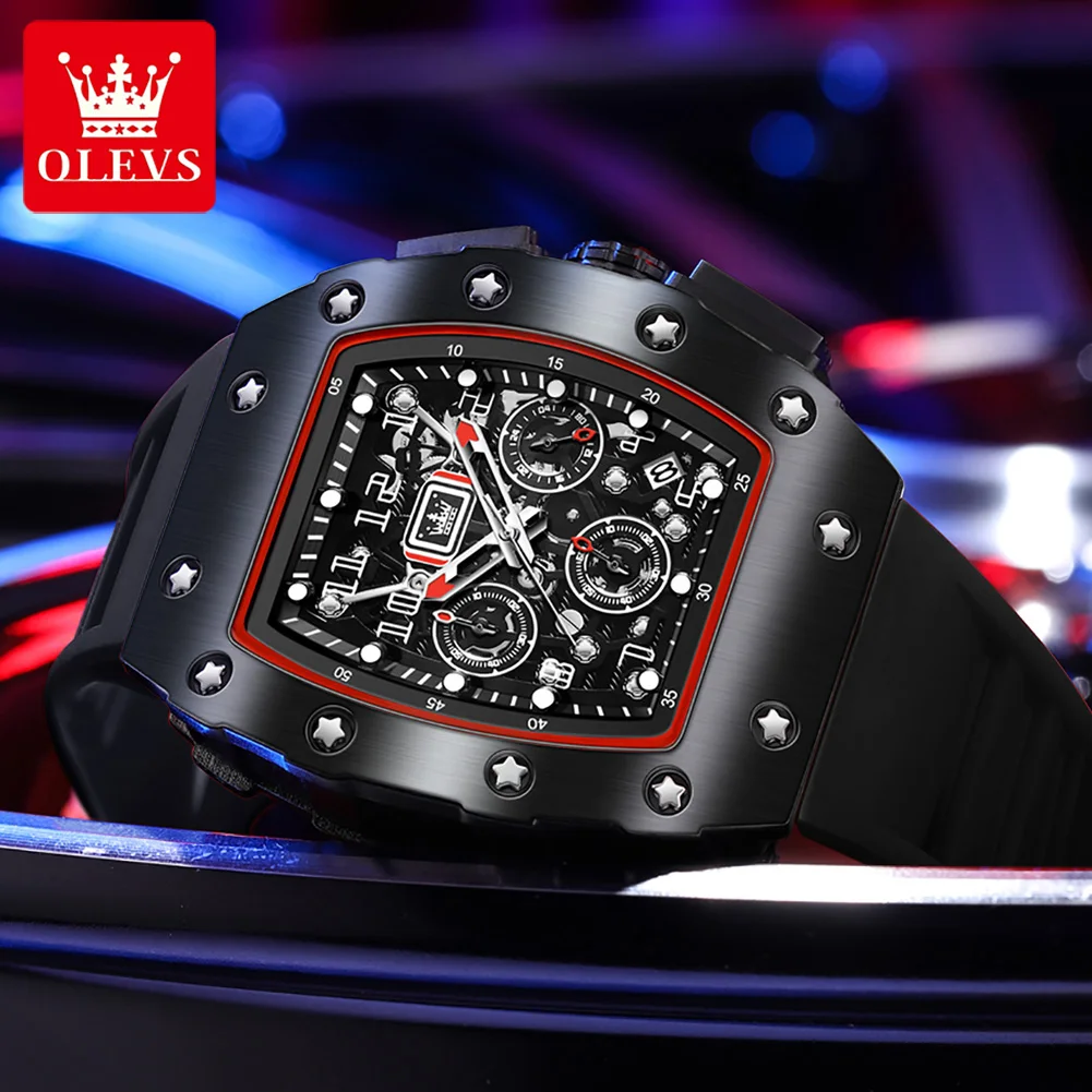 

OLEVS Men's Watch Tonneau Wristwatch Quartz Hollow Out Watches Waterproof Stylish Design with Silicone Strap Chronograph Clock