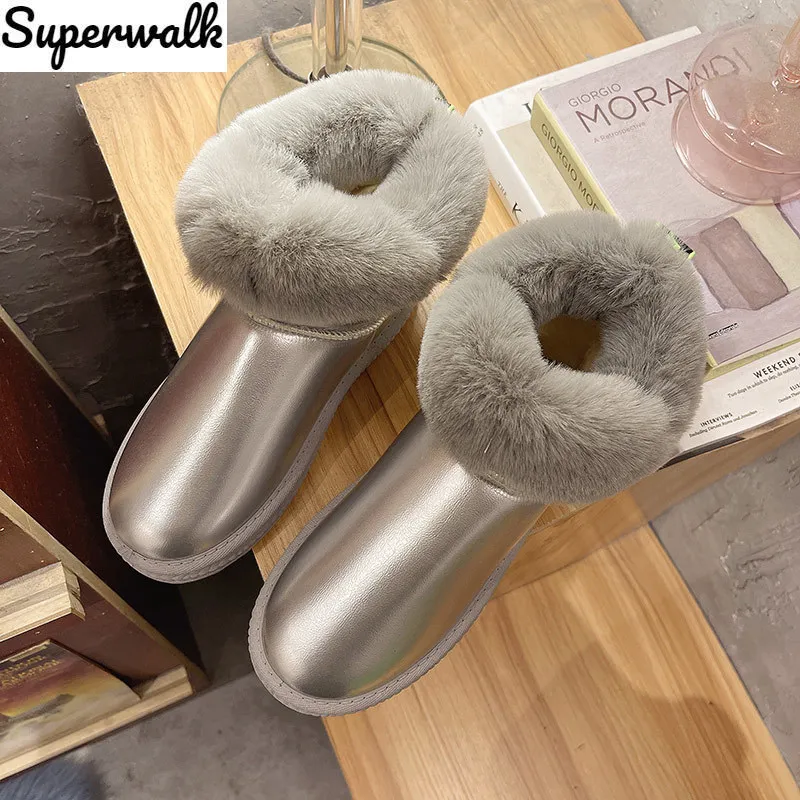 

Women Winter Snow Boots Female PU Leather Flat Cashmere Tube Shoes 2021 Ladies Solid Keep Warm Shallow Slip On Casual Short Boot