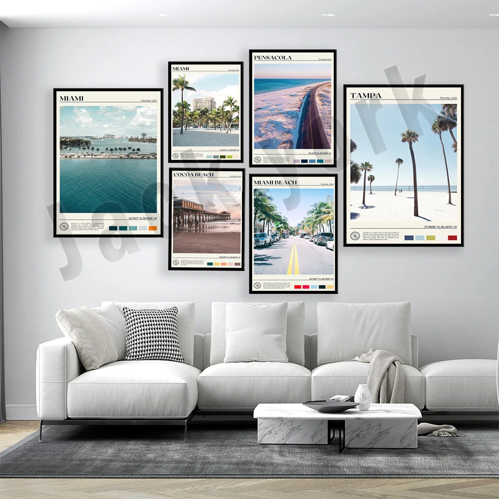 Плакат американского ландшафта, Пенсакола, клирвотер, Дестин, санибель, Флорида, Святого аугустина, какао-пляжа, дорожный плакат Майами