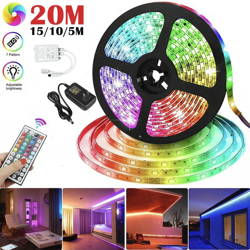 

Светодиодная лента 5050 IP20 RGB 5-20 м, гибкая светодиодная лента 12 В, RGB Диодная лента, ИК-контроллер, адаптер для ЕС, США, Великобритании, Австралии