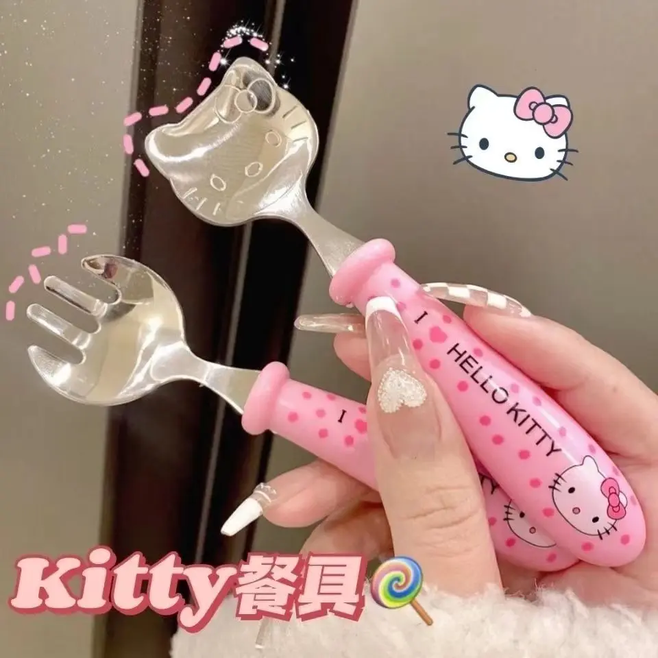 

Набор столовой посуды Kawaii Hello Kitty из нержавеющей стали 304, мультяшная ложка и вилка Sanrio, студенческий Портативный Комплект КТ из двух предметов, подарочная коробка