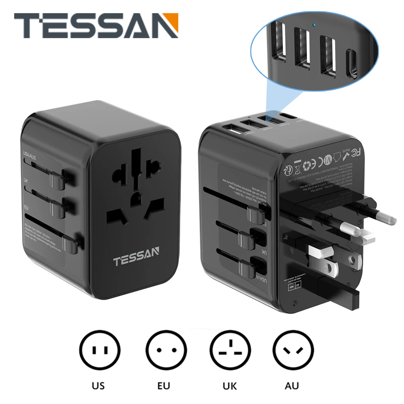 Дорожный адаптер TESSAN по всему миру с 3 портами USB и 1 портом Type-C (15 Вт), Международный дорожный адаптер для США, Великобритании, Англии, Австралии