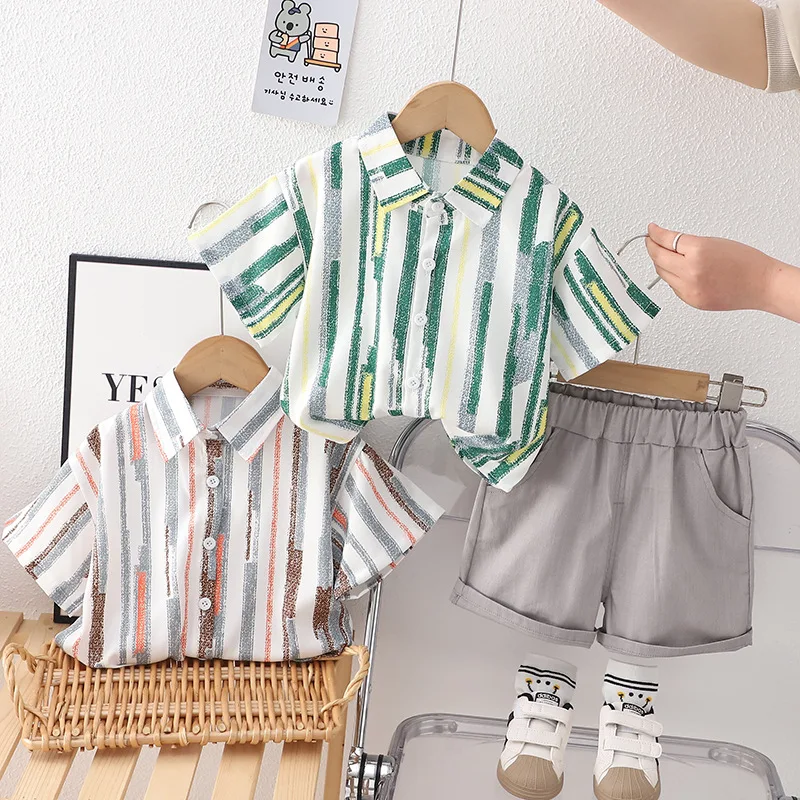 

Комплект детской одежды, рубашка с коротким рукавом для мальчиков, весна-лето 2023, шорты, одежда в полоску, Детский Повседневный простой комплект из двух предметов