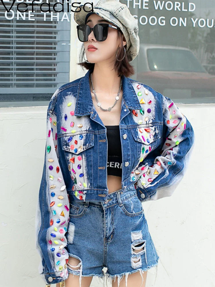 

Vefadisa Women Long Sleeves Lapel Short Coat Loose Wild Tie Dye Color Diamonds Old Age Reduction Coat Blue 2023 Autumn LHX2279