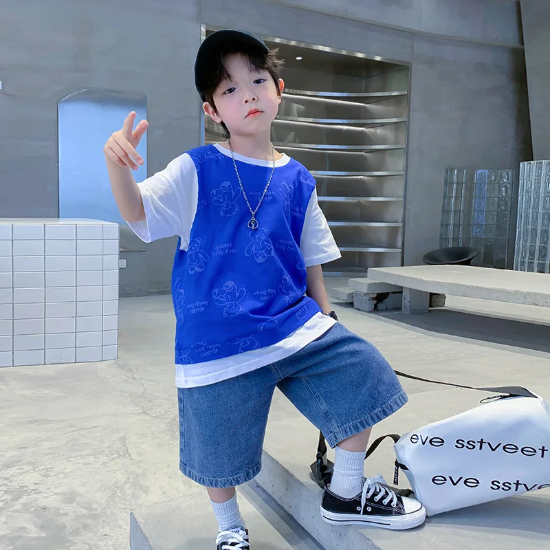 

2022 Summer Kids Boy Clothes Tracksuit Short Sleeve Fake Two Piece T Shirt+Shorts Cotton Clothing Sets 5 6 7 8 9 10 11 12 13 14Y
