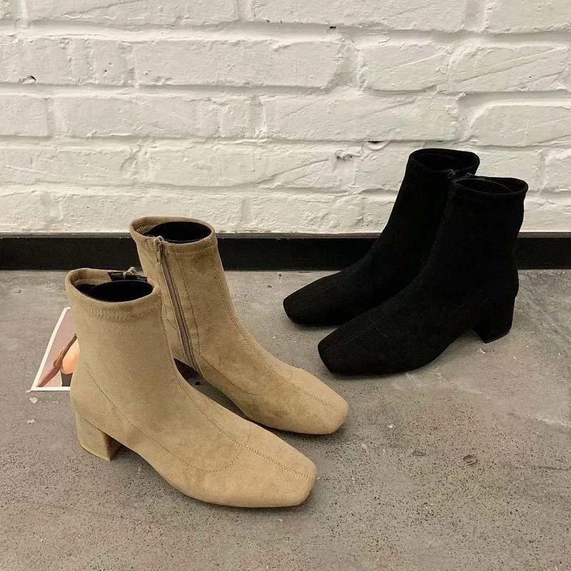 

Autumn Winter Women Zipper Square Toe Boots Elastic Suede Woman Short Boots Cotton Ankle Boots Women's 2022 New Drop Boots Women