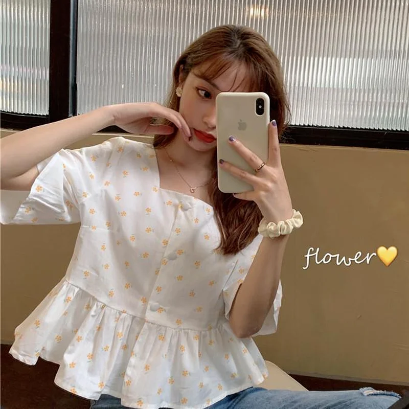 

Shirt Women Elegant New Print Summer Ladies Square Collar Sweet Girls Holiday Popular All-match Simple Harajuku Loose Streetwear