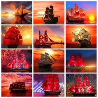 5d diy diamond painting sunset red sailboat seascape cross stitch kit full drill diamond embroidery scenery picture wall decor