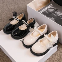 2022 spring pearl lace bow girl princess glossy leather shoes new korean version round head kids soft bottom fashion party shoes