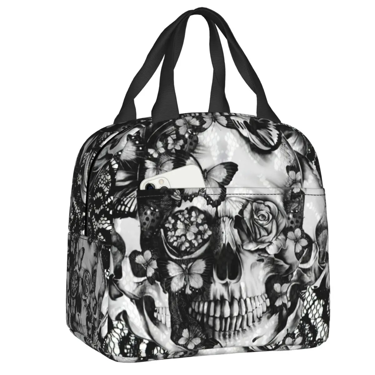 

Butterfly Lace Skull Pattern Resuable Lunch Box Women Waterproof Mexican Day Of The Dead Thermal Cooler Food Insulated Lunch Bag
