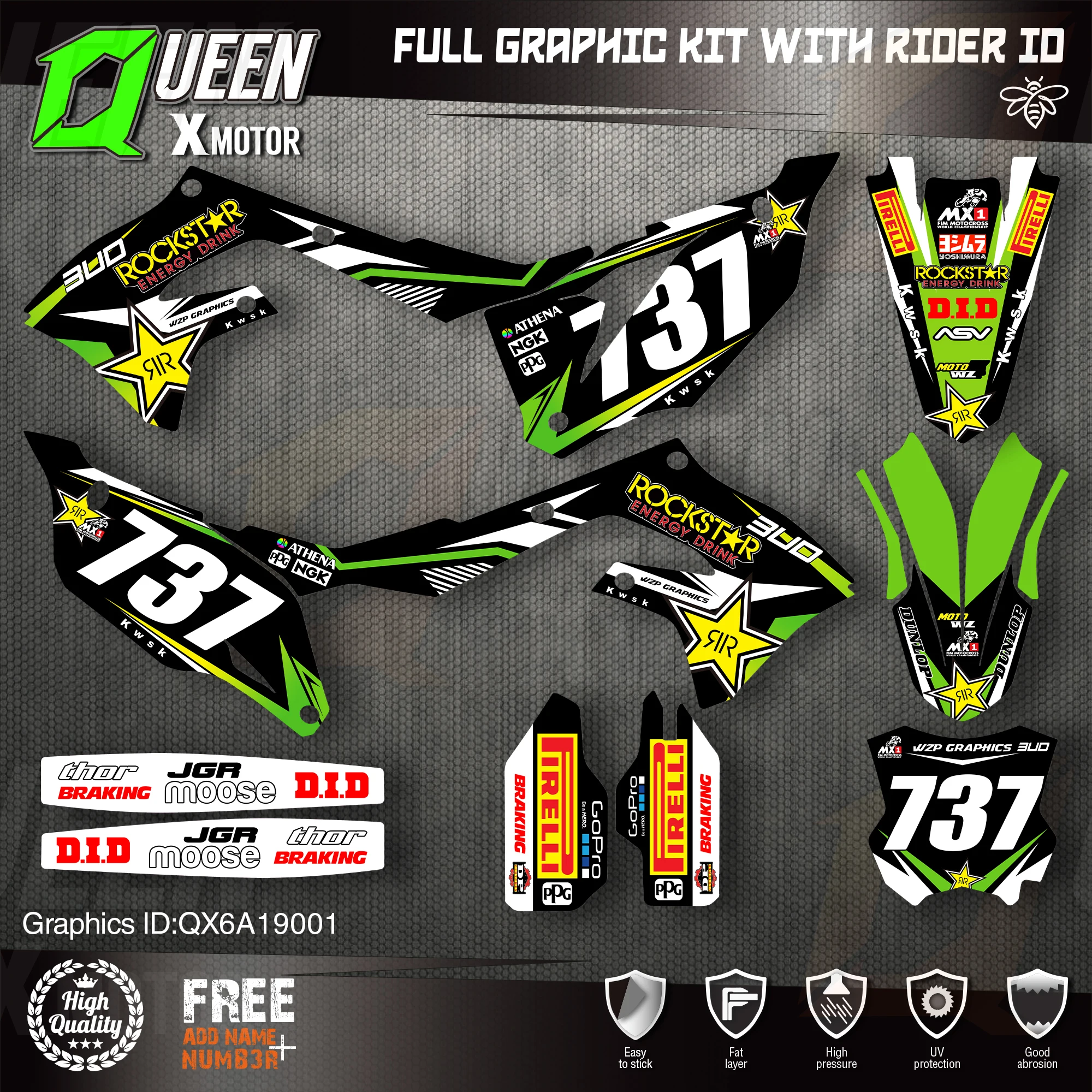

Queen X MOTOR Custom Team графические наклейки, Набор наклеек для Kawasaki Decal 2019 2020 2021 KXF450 2021 2022 KXF250 001