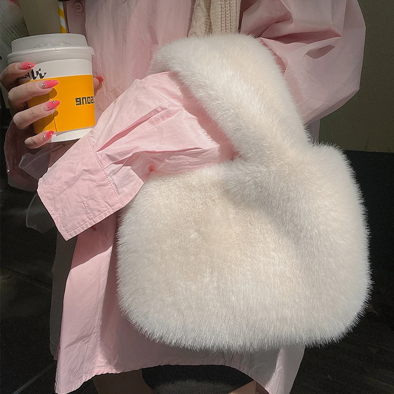 

Winter Fashion Women's Faux Fur Shoulder Bag Solid Color Ladies Soft Plush Top-handle Tote Bags Female Small Purse Furry Handbag