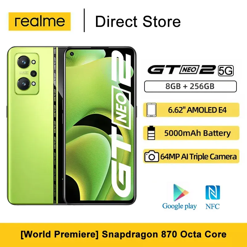 

Realme GT Neo 2 5G Mobiel Phones NFC 6.62" FHD+ Snapdragon 870 Octa Core 64MP 65W SuperDart Charger 5000mAh Battery Smartphones