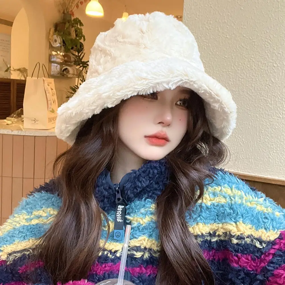 

Winter Bucket Hat Solid Color Fluffy Faux Rabbit Fur Ear Protection Soft Cold-proof Thick Brim Sunscreen Women Winter Hat for Da