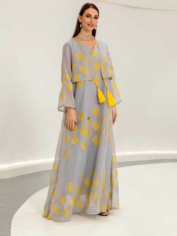 Tassel Abaya Arab Long Dress Women Embroidered Eid Party Muslim Dresses Gulf Jalabiya Fake 2-piece Dubai Moroccan Kaftan Abayas