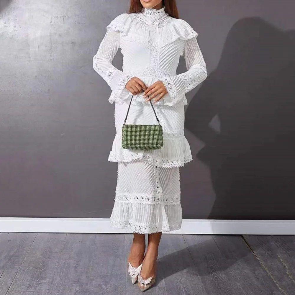

Women's Dress Turtleneck Pullover Zipper Falbala Lace High Waist Long Sleeve Sexy Office Lady Fashion Party White Long Dresses