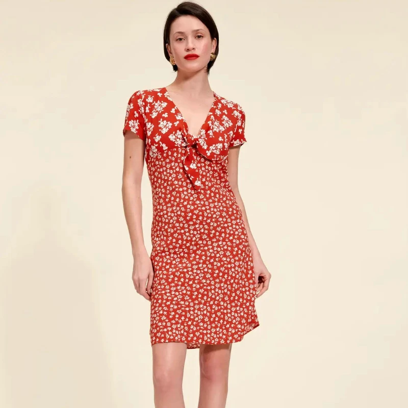 Women Dress 2023 Spring and Summer New Printed V-neck Slim Short-sleeved Dress