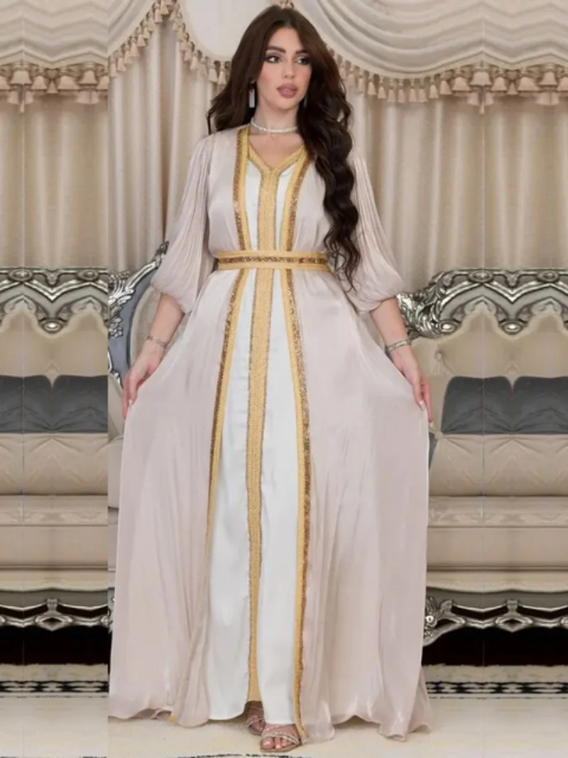 Dubai Abaya Luxury For Muslim Women Diamonds V-Neck Lace Tape Belted Kaftan 2pcs Modest Fashion Long Dresses Ramadan Clothes