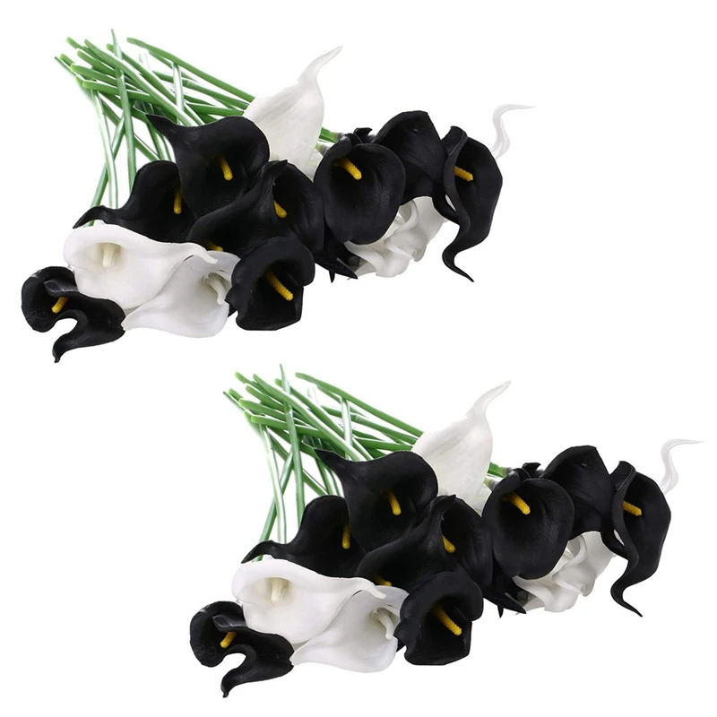 

40Pcs Calla Lily Bridal Wedding Bouquet PU Artificial Flowers Arrangement For Home Office Party Decor(Black And White)