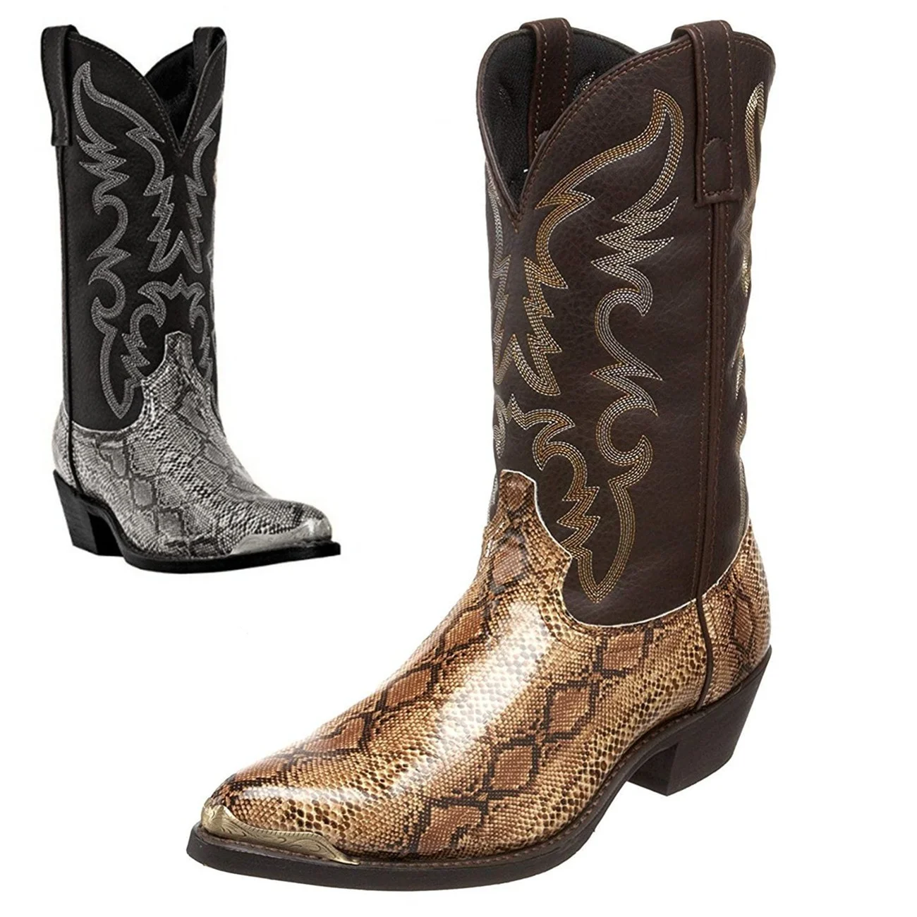 

Western Cowboy Boots Man Woman Snakeskin Mid-Heeled Shoes Sewing Iron Head Pointed Toe Winter New Embroidered Vintage Footwear