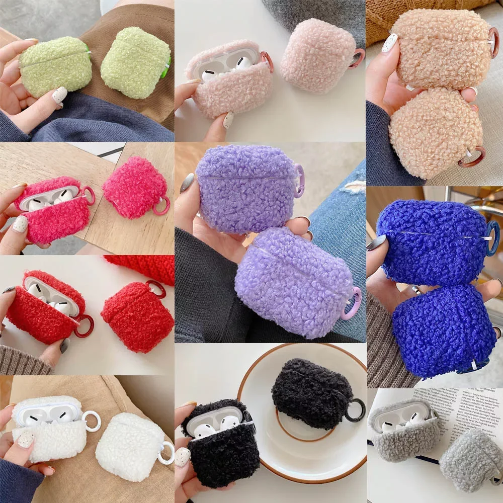 

Cute Solid Color Plush Fluffy Earphone Case For AirPods 1 2 Pro 3 new Case Soft TPU Bluetooth Earphone Charging Box With Keyring