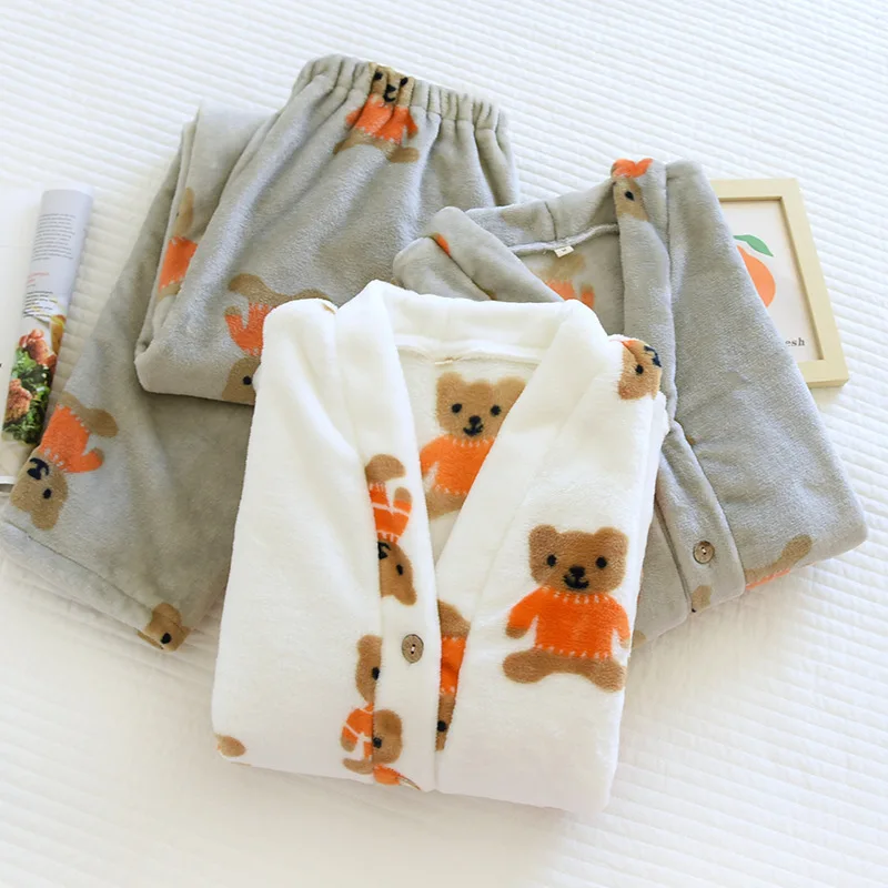 Homewear Suit Flannel Couple Pajamas Set Men Women Autumn Winter Home Comfort Cartoon Bear Warm Loungewear Clothing Sleeping Pjs
