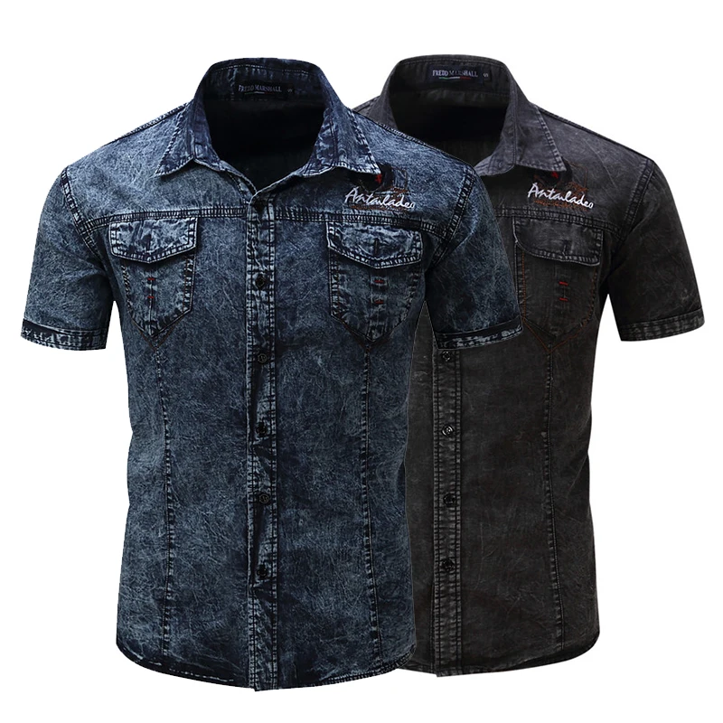 

Clothes Men Men Brand Cargo Cotton For Work Business Blouse Sleeve Short Denim Shirts Shirt Men Elastic Casual Shirts Streetwear