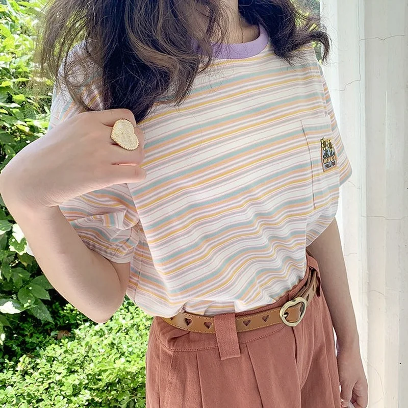 

Футболки A GIRLS женские в стиле преппи с милой вышивкой, свободные летние милые подростковые топы, модная популярная одежда