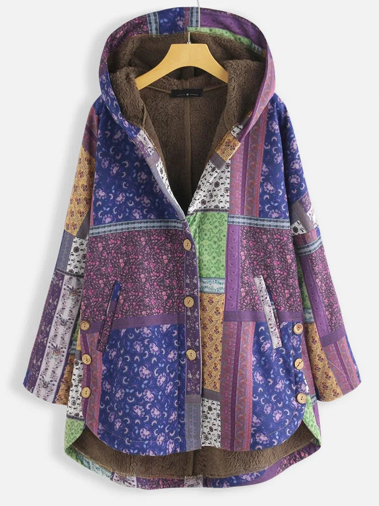 Casual Ethnic Print Fleece Hooded Retro Boho Cotton Jacket Parkas Warm Coat Women Outwear Loose Oversize M-5XL Winter Clothes