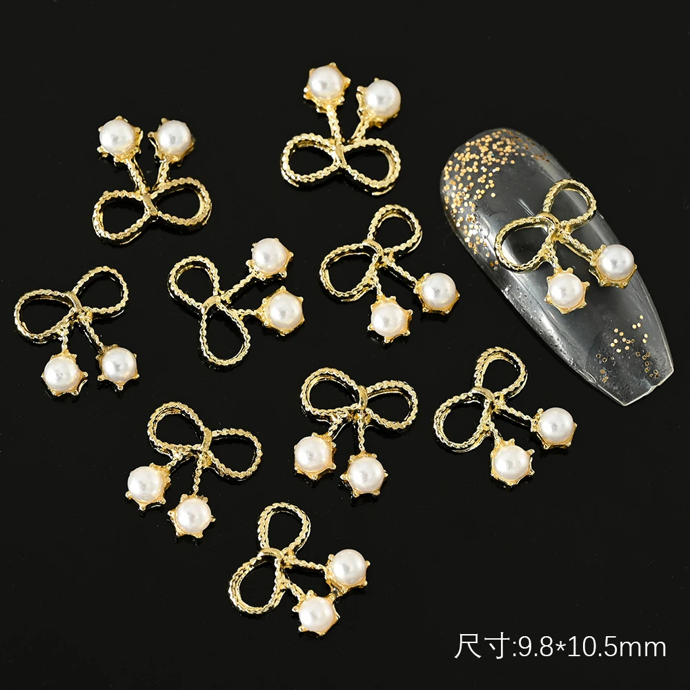 

10Pcs 3D Dangle Bow Pearl Nail Charms Luxury Metal Alloy Jewelry Press on Nails Bowknot Pendant Pearly Nail Art DIY Decorations