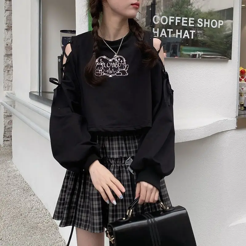 

HOUZHOU Black Off Shoulder T-shirt Women Harajuku Bandage E Girl Y2k Top 2022 Spring Long Sleeve Kawaii Cartoon Tee Preppy Style