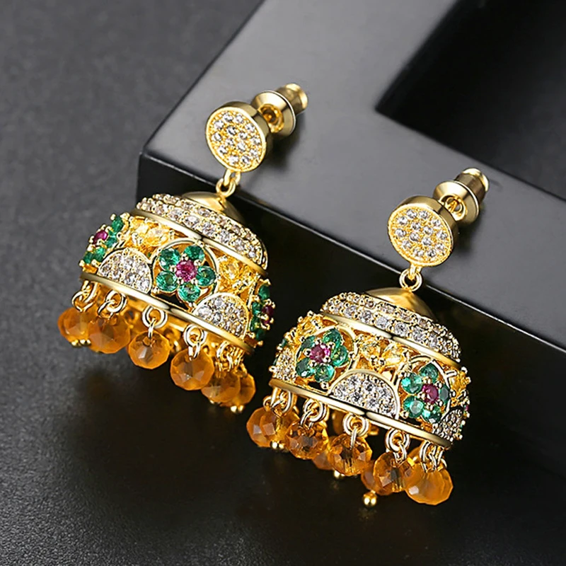 

Indian Jhumka Jhumki Retro Crystal Zircon Gold Color Beads Bell Drop Earrings Bridal Wedding Jewelry Women Tribal Gypsy Bohemian