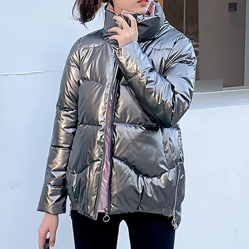 2021 Winter Trend Glossy Thickened Short Jacket Korean Style Loose Stand-up Collar Cotton Jacket BF Long Sleeve Women's Clothing
