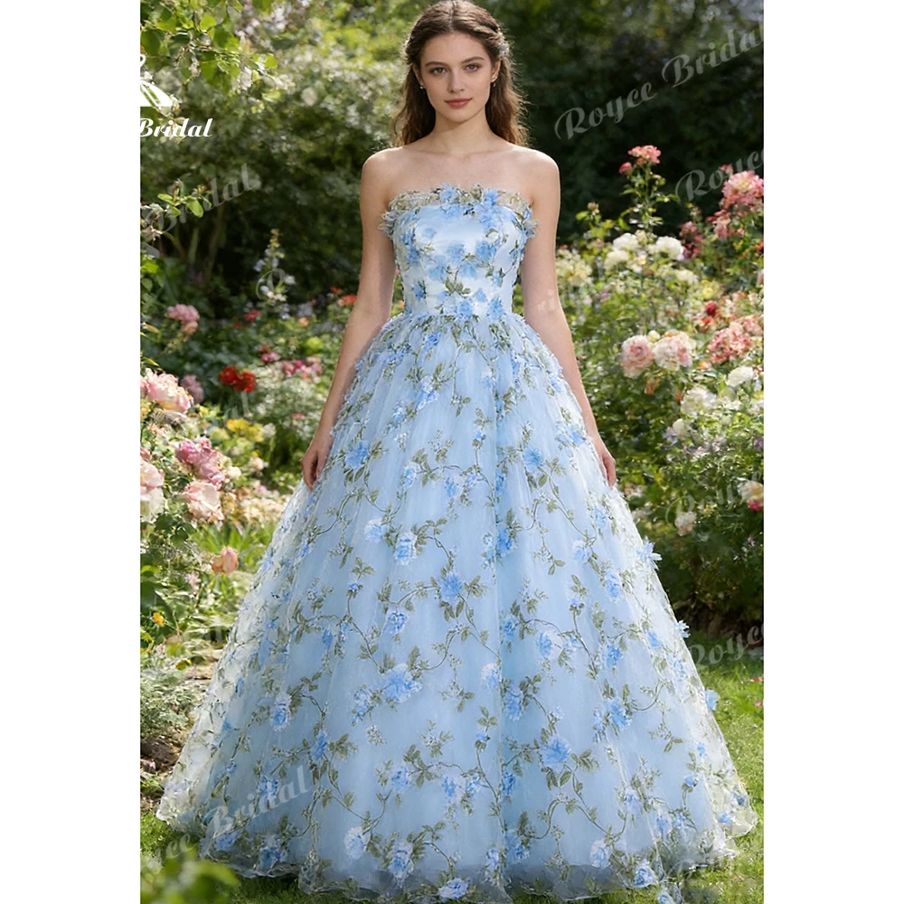 Фото Роскошное вечернее платье Roycebridal Garden Fairy для выпускного вечера, без бретелек, светло-голубое, в стиле бохо, сине-зеленое, с цветочным узором, на заказ №1
