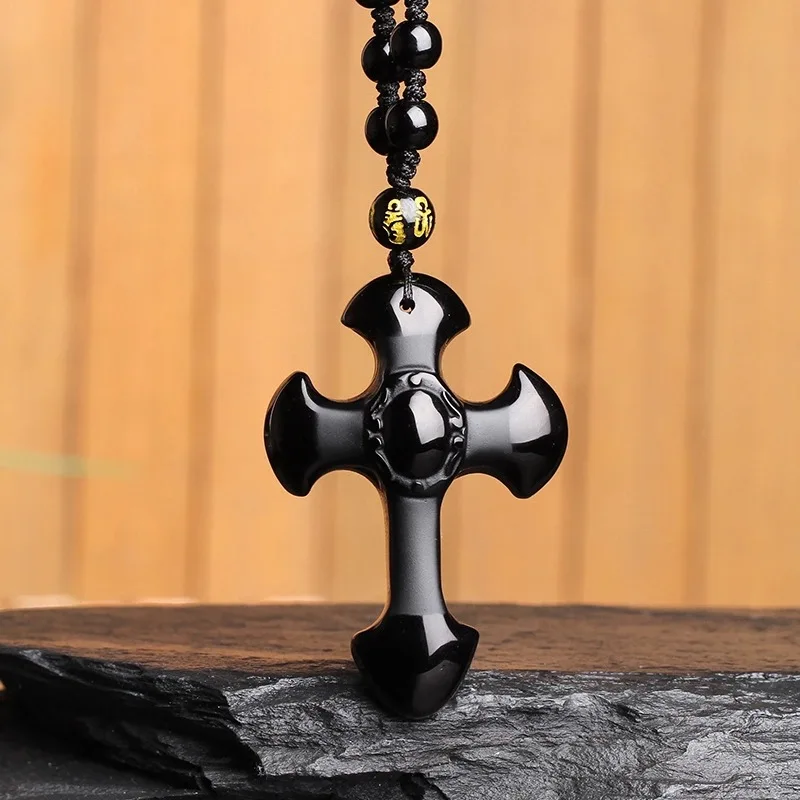 

Natural Obsidian Hand-carved Cross Jade Pendant Fashion Boutique Jewelry Men and Women Jesus Cross Necklace