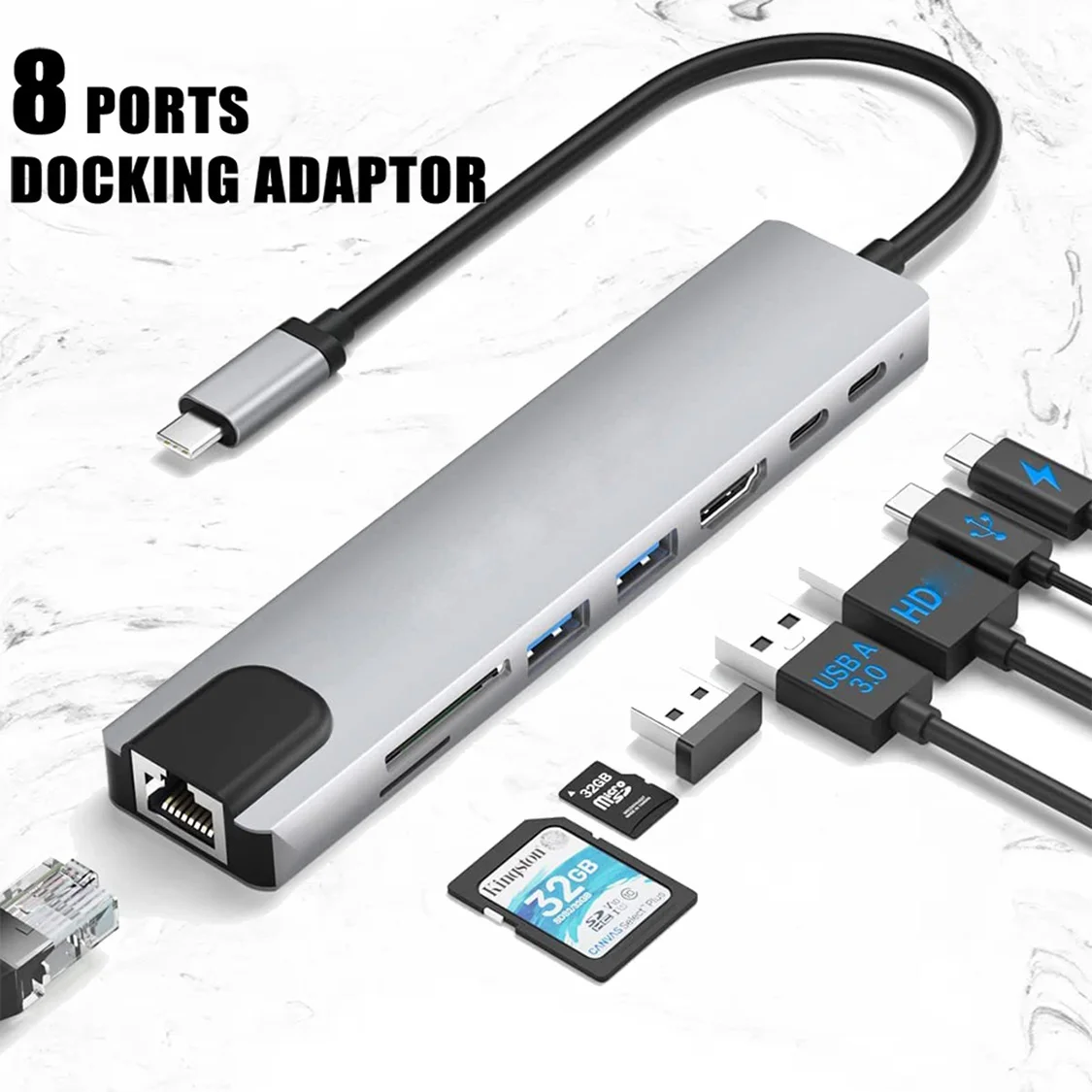 

USB-концентратор для Macbook 8 в 1, адаптер для ПК PD, зарядка, 8 портов, док-станция RJ45, HDMI, совместим с картой TF/SD, Macbook, разветвитель Type-C