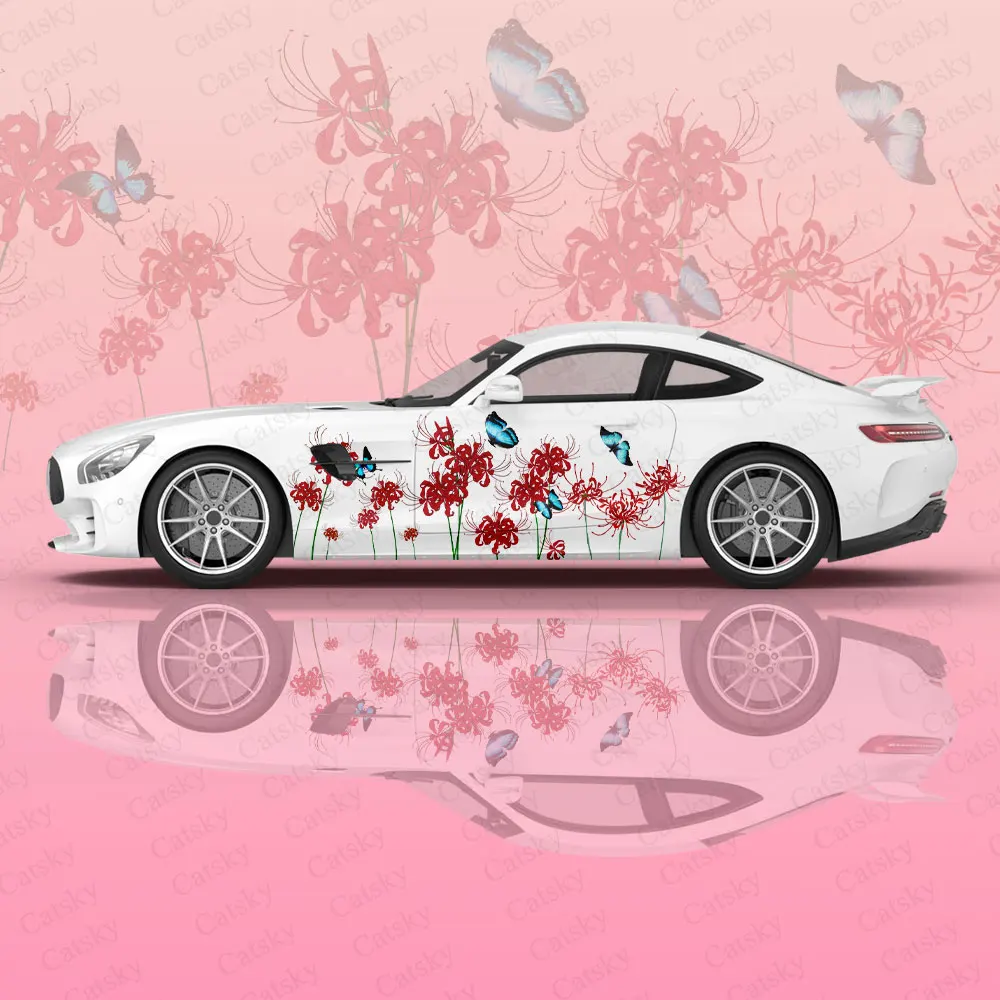 

Red Flower Car Graphic Decal Protect Full Body Vinyl Wrap Colour Butterflies Vector Image Wrap Sticker Decorative Car Decal