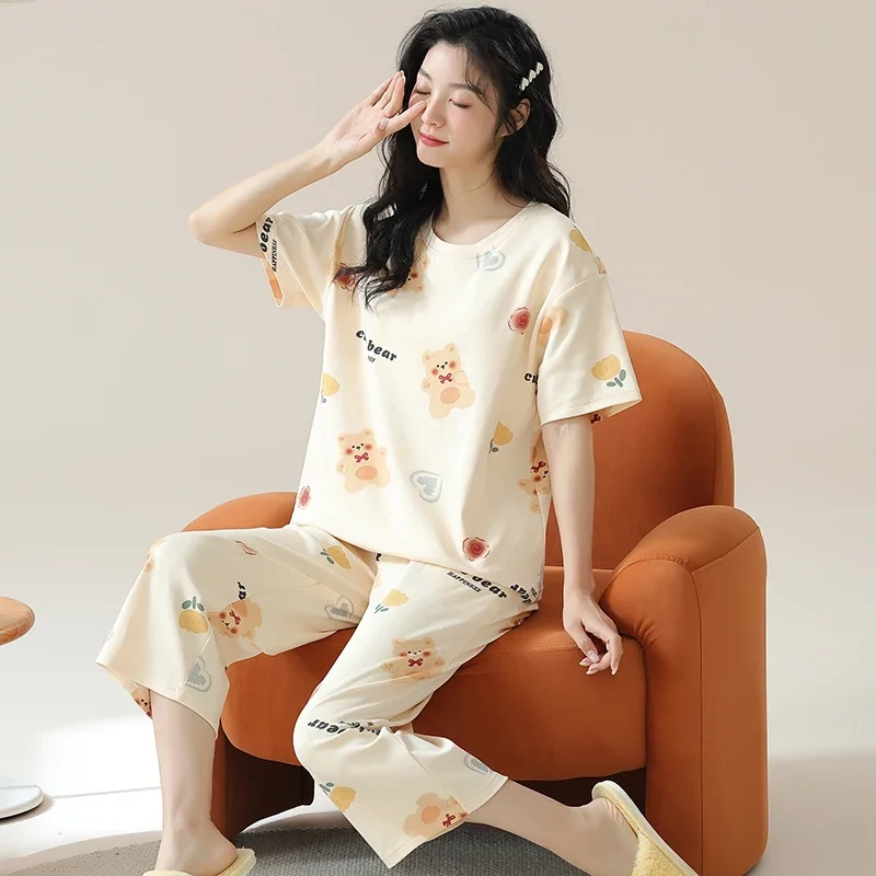E damski zestaw piżam Capris rozrywka Cartoon do kolan bielizna nocna Lady z krótkim rękawem łydki Pijama ze sztucznej bawełny