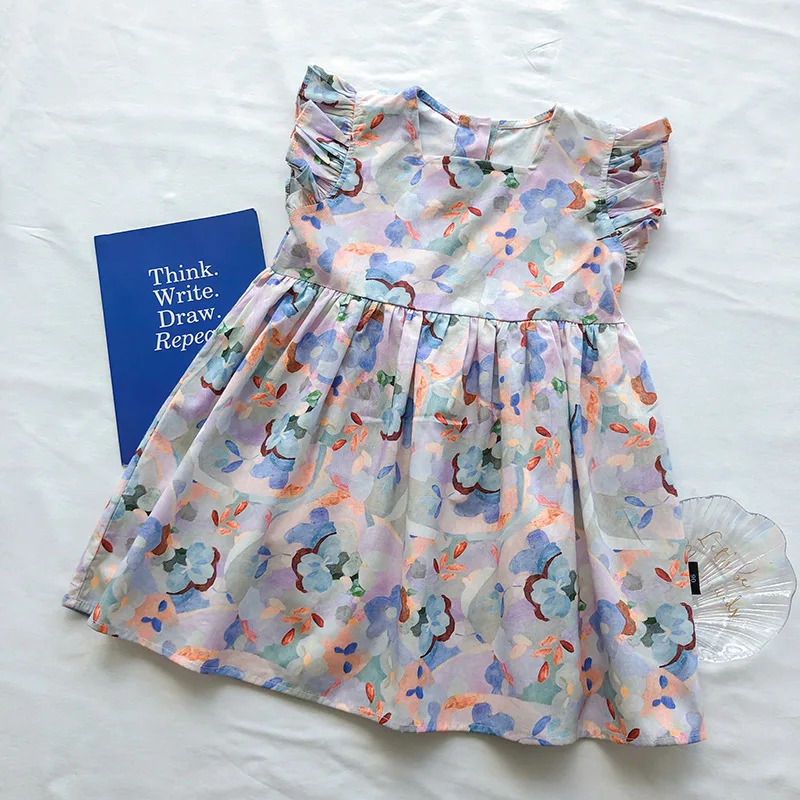 

2023 Summer New Arrival Girls Sleeveless Ruffles Print Floral Purple Cute Roupa Infantil Menina Cute Party Dress Custume 18M-6T