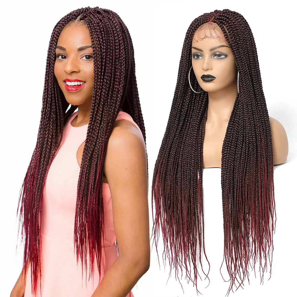 32 inch Lace Front Wig Ombre Burg Red Box Braided Wigs With Baby Hair Super Long Full Synthetic Braids Wig For Black Women