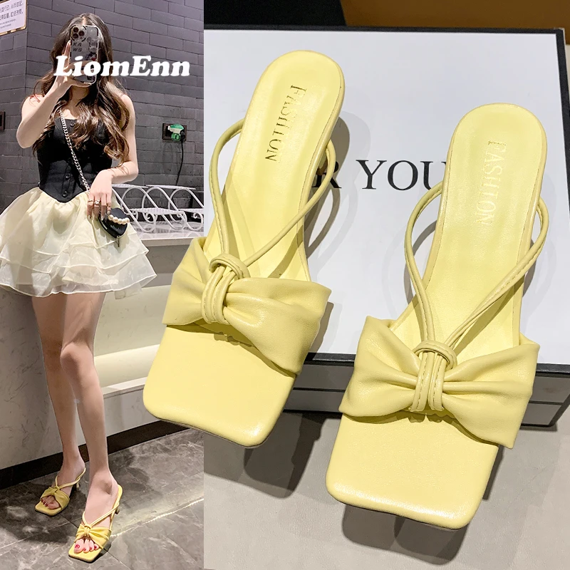 

Элегантные шлепанцы на среднем каблуке-бабочке, женские трендовые летние сандалии, женские уличные Классические Вечерние туфли желтого цв...