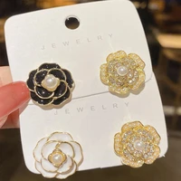new style womens stud earrings elegant camellia womens earrings with diamonds whiteblack luxury pearl accessories