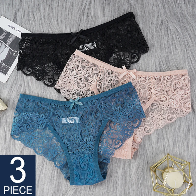 

3 шт./комплект, женские кружевные прозрачные трусы со средней посадкой