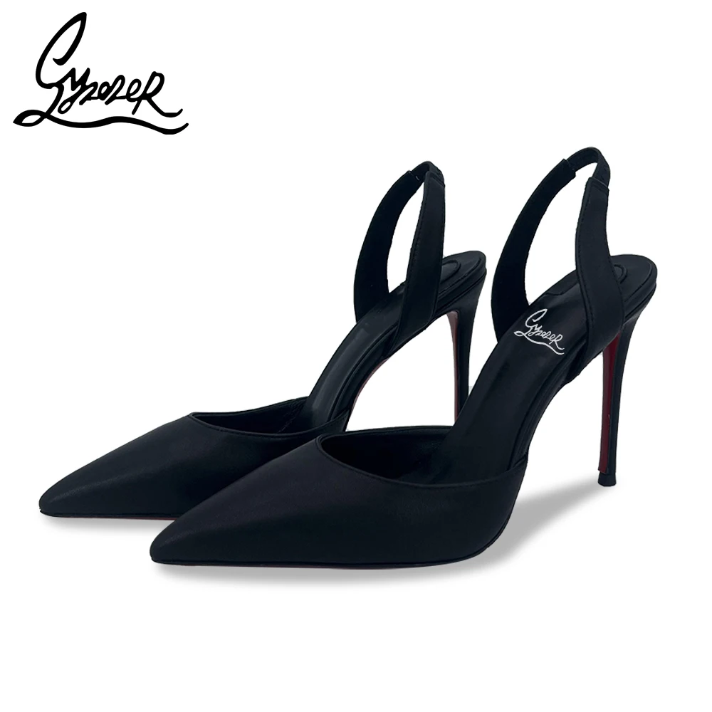 

Black Lambskin Leather Sandals High Heels Red Bottom Pointed Toe Slingback Stiletto Sexy Women Wedding Party Dress Shoes