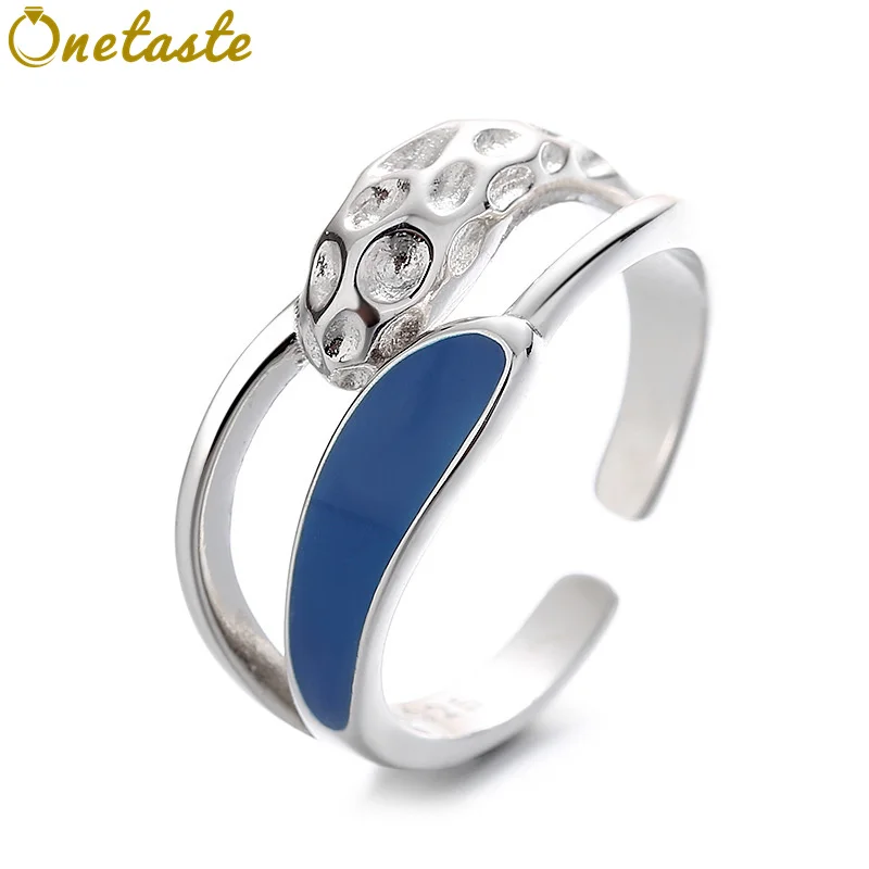 

S925 Silver Blue Glaze Irregular Geometric Open Rings For Women Simple Trendy French Style Ring Cool Girls Gift Daily Accessory
